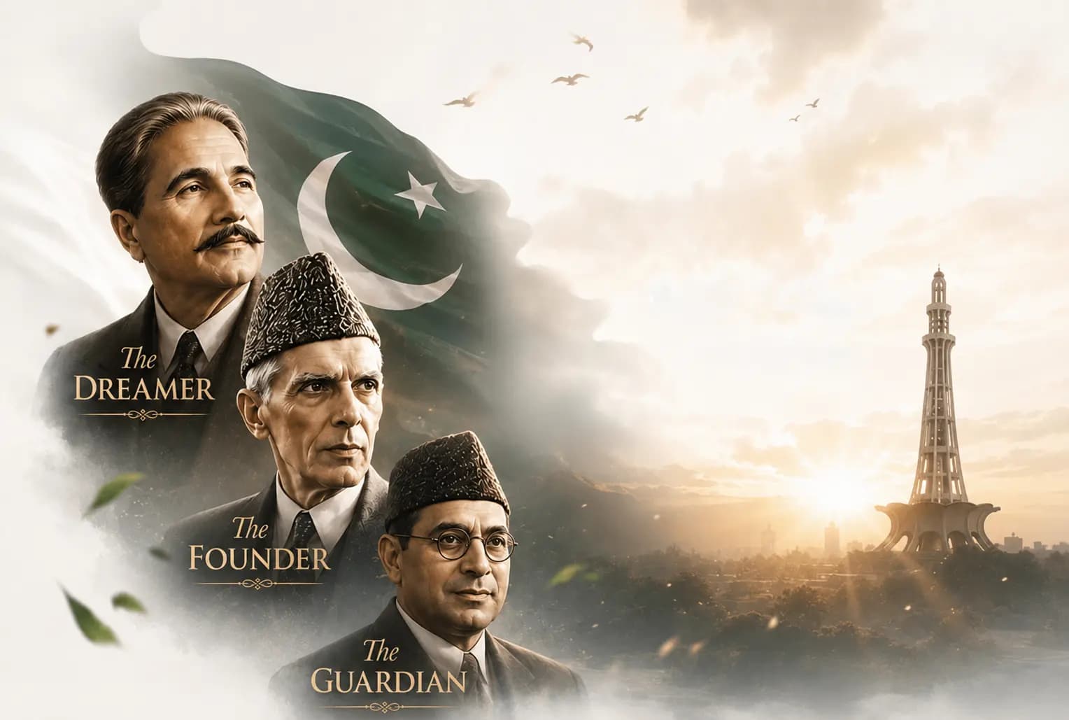Allama Iqbal, Quaid-e-Azam Muhammad Ali Jinnah and Liaquat Ali Khan before the flag of Pakistan, with Minar-e-Pakistan at sunrise